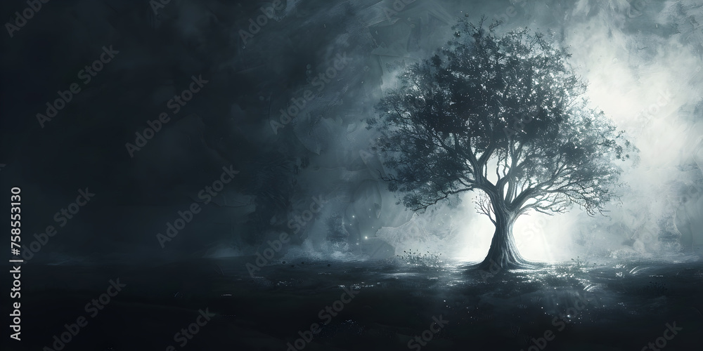  The bare spooky tree stands alone in eerie silence. silhouette concept 