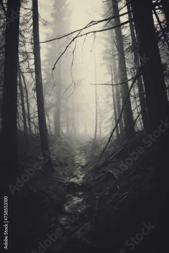 Spooky Forest, Paranormal, Vintage Photo, dark art, fog, winter, tunnel of light, moody scene, silhouette, scary arty