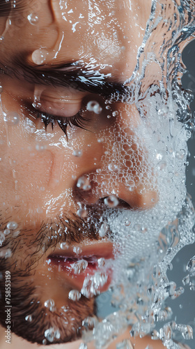 A man with his face covered in water splashing droplets while washing his face. Concept for men's personal care, spa salon, beauty salon.