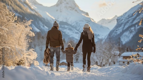 A family holding hands on a peaceful winter walk, with the glow of the sunset on snowy mountains behind them.