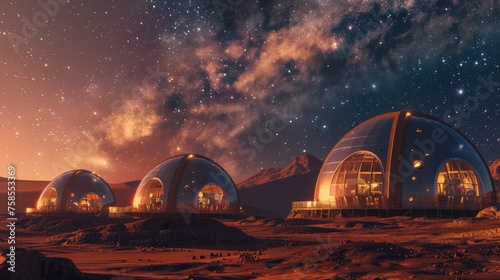 Domes of a futuristic human settlement glow under a star-filled sky on a Martian-like landscape.