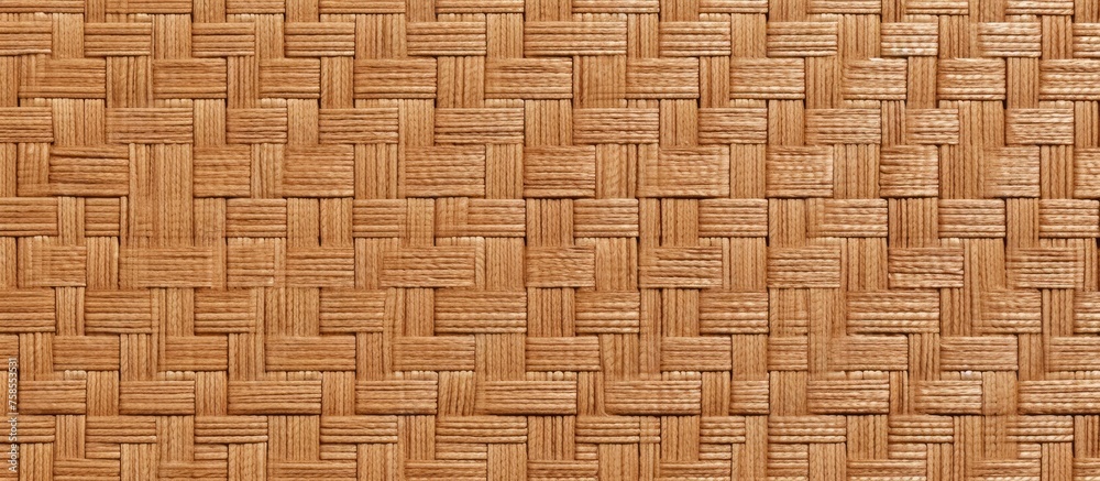 A close up of a brown wicker pattern on a beige hardwood floor surface, showcasing the intricate rectangle pattern of the building material A close up of a brown wicker pattern on a beige hardwood floor surface, showcasing the intricate rectangle pattern of the building material