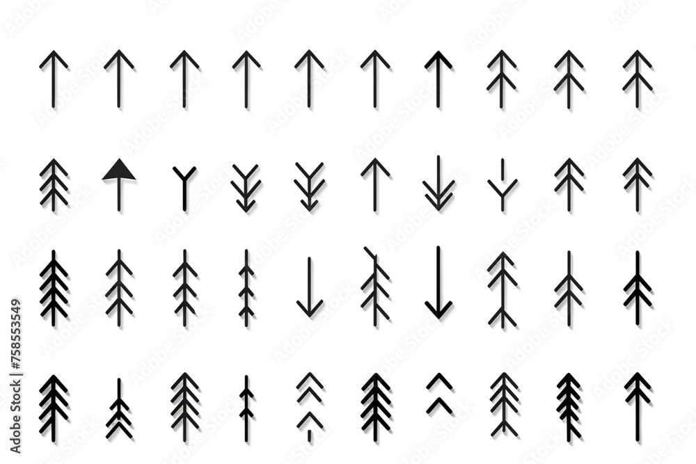 A collection of tree symbols, including arrows pointing up and down A collection of tree symbols, including arrows pointing up and down