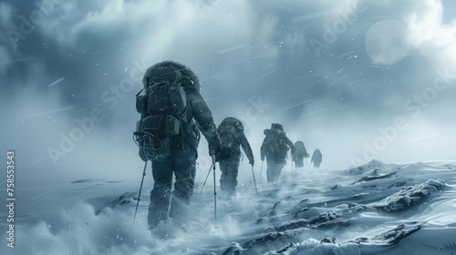 A group of determined mountaineers trekking through a harsh snowstorm, showcasing the challenge of winter expeditions.