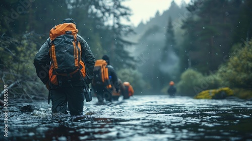 A line of hikers in waterproof gear crossing a river in a lush forest, embodying the spirit of outdoor adventure.