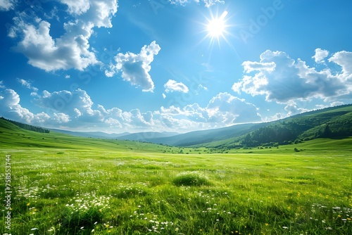 Vibrant Blue Sky Over a Vast and Tranquil Meadow Landscape