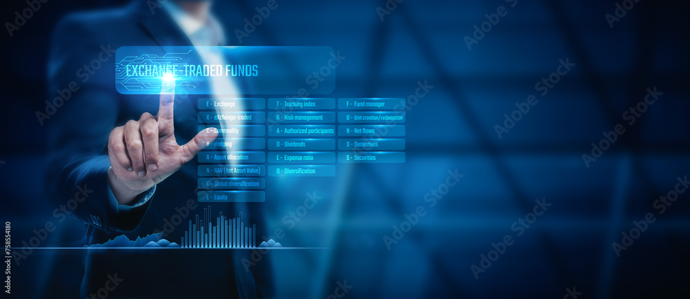 Businessman touch the exchange-traded funds (ETFs) business network in search of investment opportunities. They are interested in financial services related to ETFs and asset management. Businessman touch the exchange-traded funds (ETFs) business network in search of investment opportunities. They are interested in financial services related to ETFs and asset management.