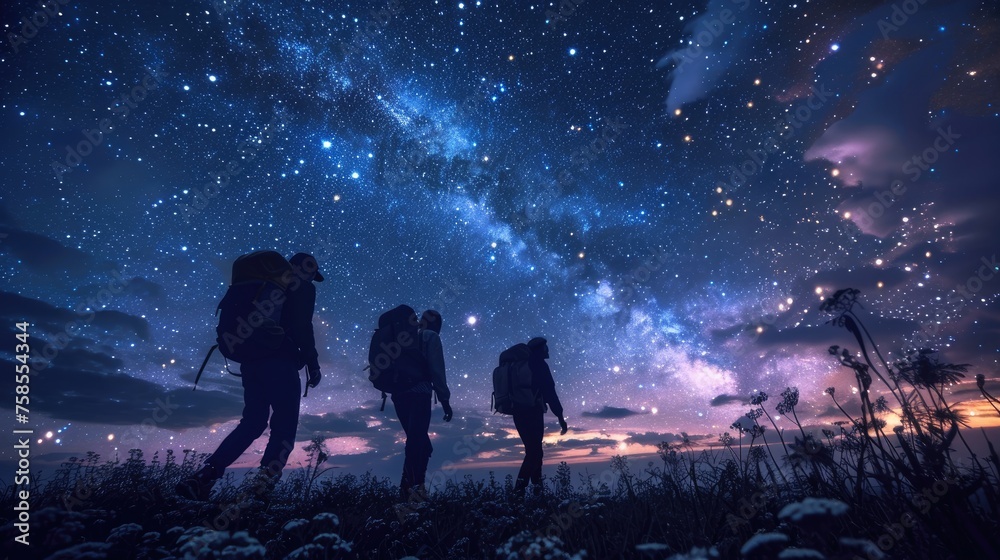 Silhouettes of hikers with backpacks against the stunning backdrop of the Milky Way in a star-filled night sky. Silhouettes of hikers with backpacks against the stunning backdrop of the Milky Way in a star-filled night sky.