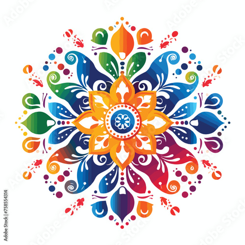 A colorful rangoli design on the floor made of color