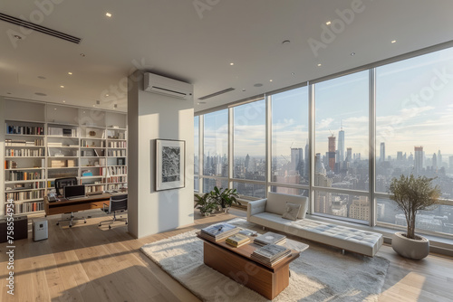 Sun-filled modern living room with large window study bookshelf