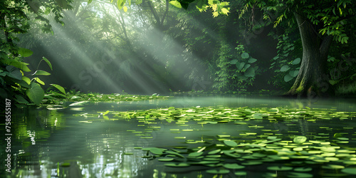 A river in the forest with sun rays 