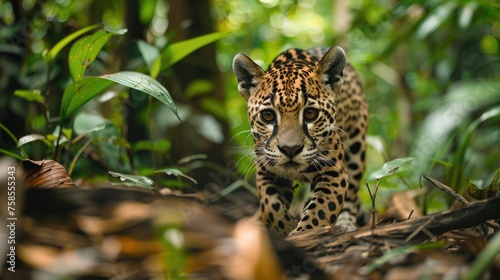 An intense jaguar prowls through the dense underbrush of a tropical jungle, its gaze fixed and alert. © Nuth