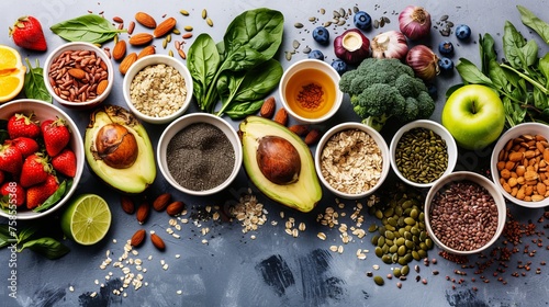 Wallpaper Mural Healthy food clean eating selection. Fruit, vegetable, seeds, superfood, cereal, leaf vegetable on gray concrete background. Top view. Healthy food background and Copy space for text.  Torontodigital.ca