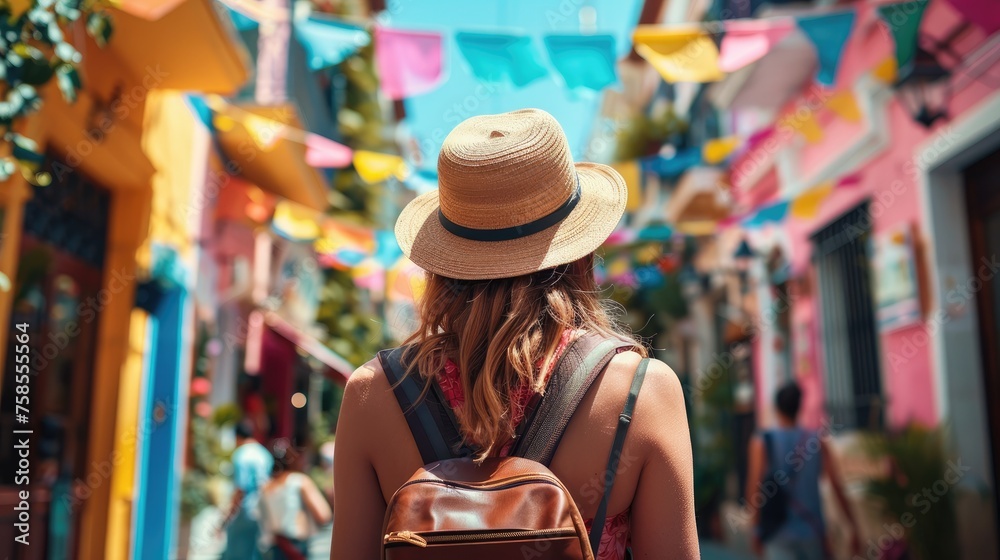 A woman wearing a straw hat wanders a vibrant street adorned with festive decorations and bright buildings.