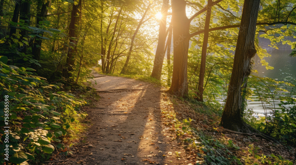 A serene forest path meanders through tall trees leading to a tranquil lake. The suns rays peek through the leaves illuminating the path ahead and inviting a sense of calm.