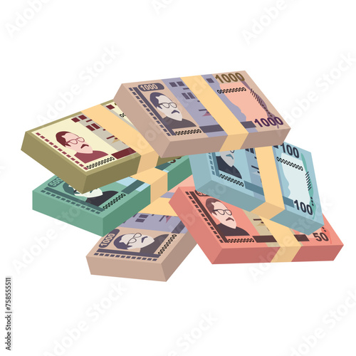 Bangladeshi Taka Vector Illustration. Bangladesh money set bundle banknotes. Paper money 50, 100, 200, 500, 1000 BDT. Flat style. Isolated on white background. Simple minimal design.