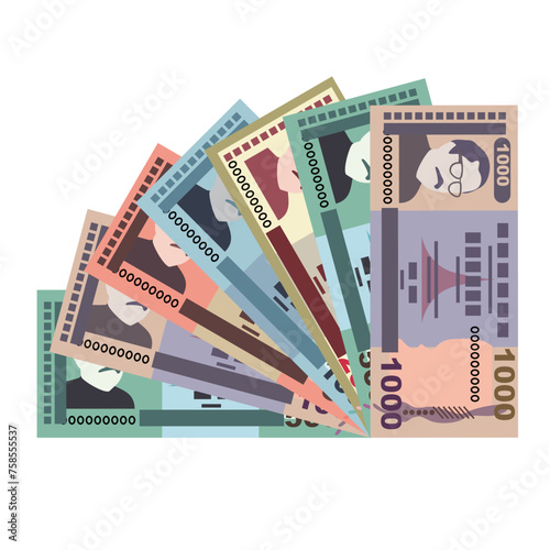 Bangladeshi Taka Vector Illustration. Bangladesh money set bundle banknotes. Paper money 50, 100, 200, 500, 1000 BDT. Flat style. Isolated on white background. Simple minimal design.