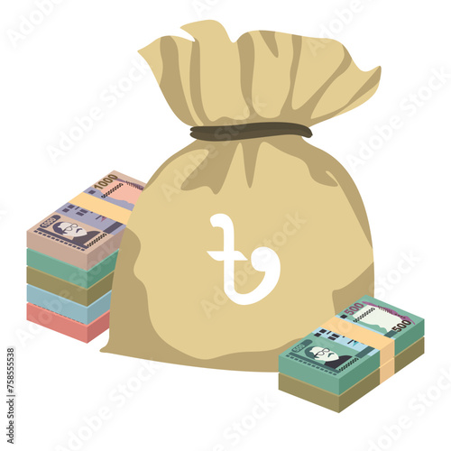 Bangladeshi Taka Vector Illustration. Bangladesh money set bundle banknotes. Money bag 50, 100, 200, 500, 1000 BDT. Flat style. Isolated on white background. Simple minimal design.