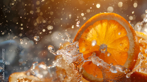 Close-up of an orange with drops of water falling on it. Orange slices in a splash of water. Freshness concept.