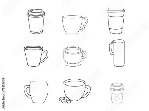 Modern coffee mog and cup set line art icons