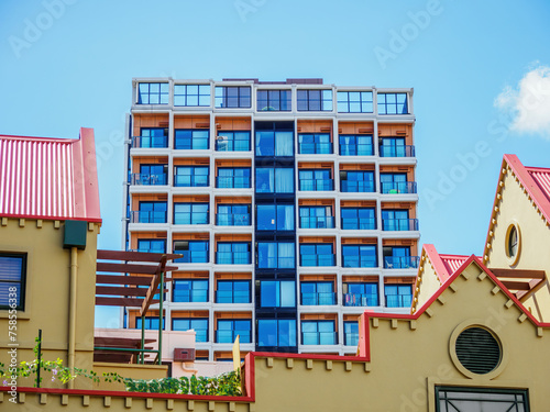 New apartment building with blue sky in background