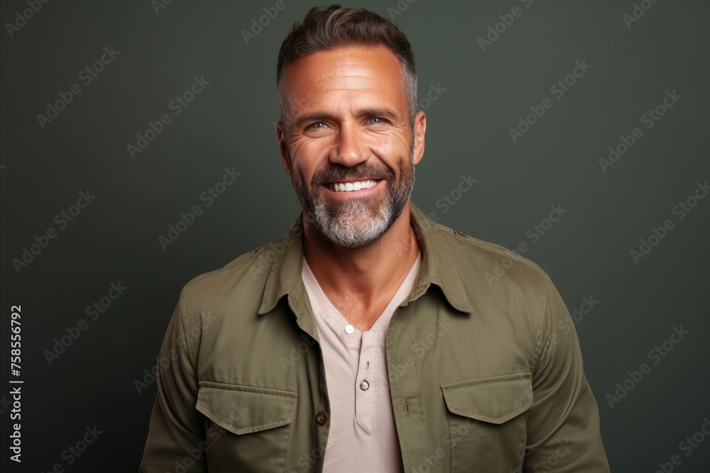 Handsome mature man smiling and looking at camera while standing against grey background Handsome mature man smiling and looking at camera while standing against grey background