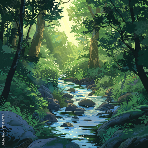 A stream flows gently through a vibrant green forest with abundant foliage and diverse plant life. Copy space. Backdrop  background.