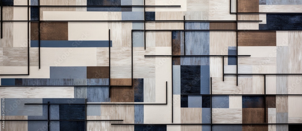 A close up of a geometric pattern painting on a building facade, showcasing symmetry and composite mixed materials like wood and rectangular shapes A close up of a geometric pattern painting on a building facade, showcasing symmetry and composite mixed materials like wood and rectangular shapes