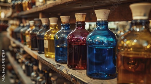 Array of Potions on Apothecary Shelves, Essence of Alchemical Experimentation