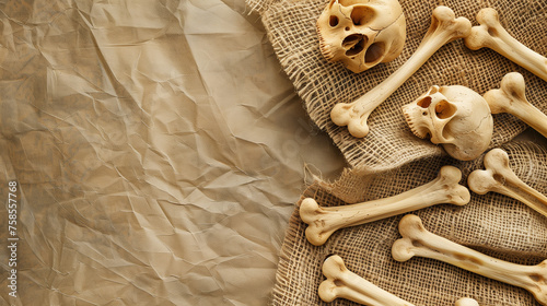 Assorted fake bones placed on top of a burlock, creating an eerie scene. Copy space. Backdrop, background. Halloween concept. photo