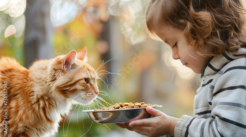 A young girl is feeding cat food to a cat from a bowl. Copy space. The concept of caring for pets, the problem of homeless cats.