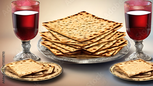 Amazing Matzoh passover holiday jewish celebration matzoh with on kiddush four cup of red kosher wine © Dilruba