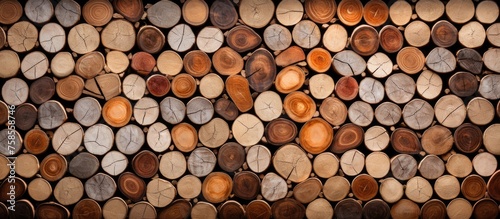 A stack of brown hardwood logs creating a circular pattern of natural material. Closeup view showcasing the texture of lumber and metal logging equipment