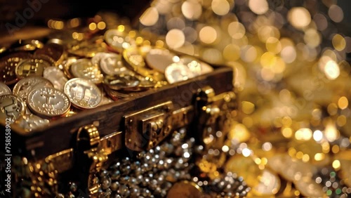 A closeup of a treasure chest overflowing with gold coins and sparkling jewels tempting players to take the risk and claim it as their own. photo