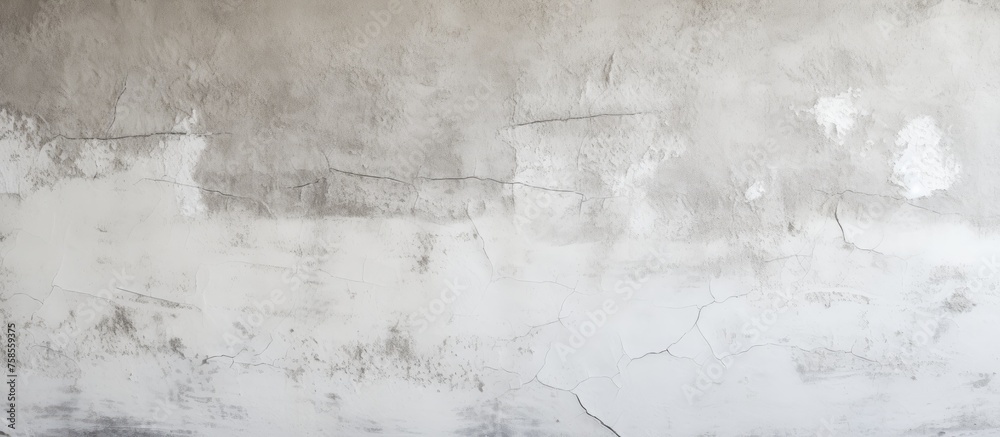 Fototapeta premium A close up of a grey wall covered in various stains resembling monochrome art. The scene gives a freezing winter vibe with snow and twigs decorating the flooring
