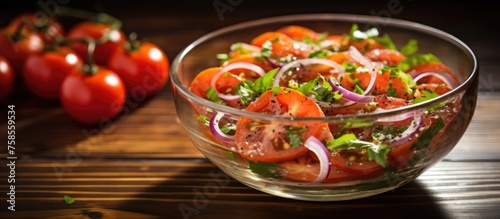 Salted tomatoes and onions salad in a glass bowl on a wooden table