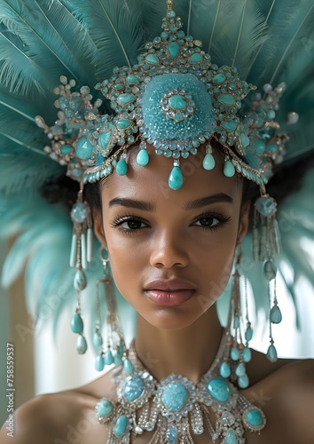 Portrait of a beautiful woman with turquoise jewelry and  detailed hat, woman is looking to camera, headdress made of larimar  photo