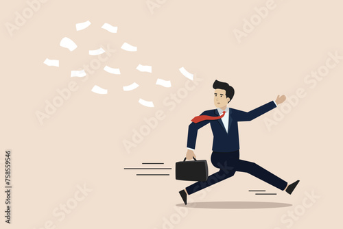 Overwhelmed or excessive workload, tired because of problems and difficulties, fatigue and depression concept, scared businessman running away from piled up paperwork or work.