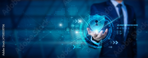 Data protection and privacy concepts GDPR. EU. cybersecurity network. A businessman safeguards his personal information on a tablet. Padlock icon and internet technology networking connection. photo