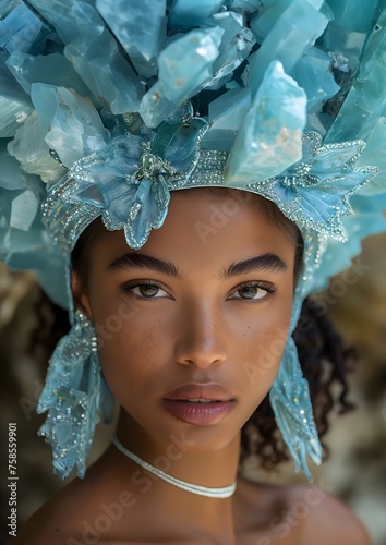 Portrait of a beautiful woman with turquoise jewelry and  detailed hat, woman is looking to camera, headdress made of larimar 