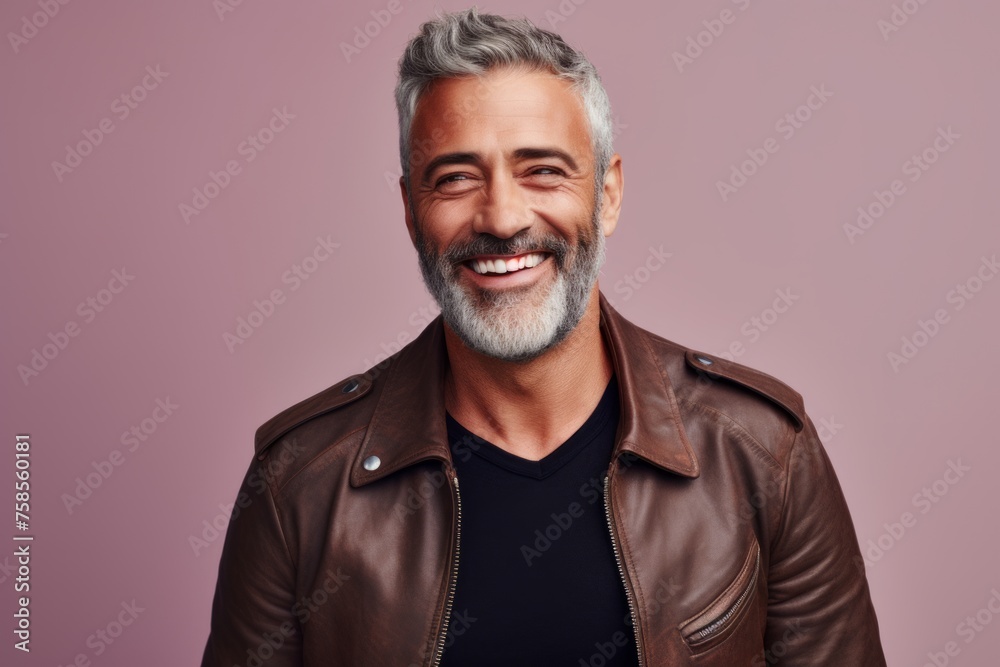 Handsome middle-aged man in a leather jacket. Studio shot over pink background. Handsome middle-aged man in a leather jacket. Studio shot over pink background.