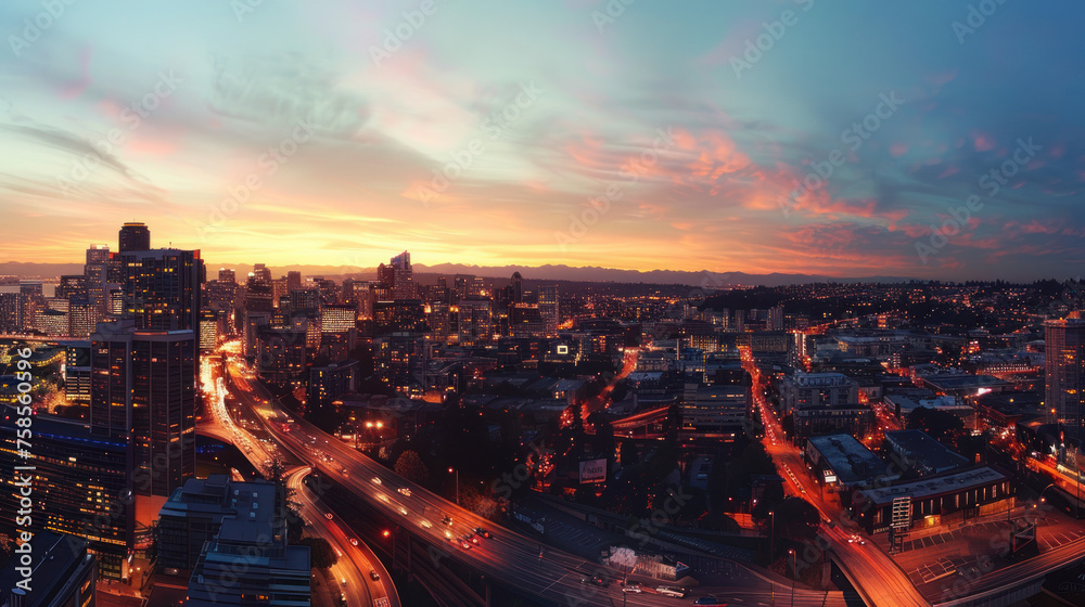 sunset over the city, A panoramic view of a smart city.