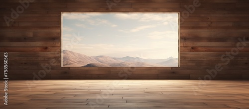Empty room with wooden walls and a distant view.