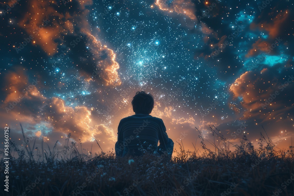 A young man sitting on the grass Look at the sky and the stars A young man sitting on the grass Look at the sky and the stars