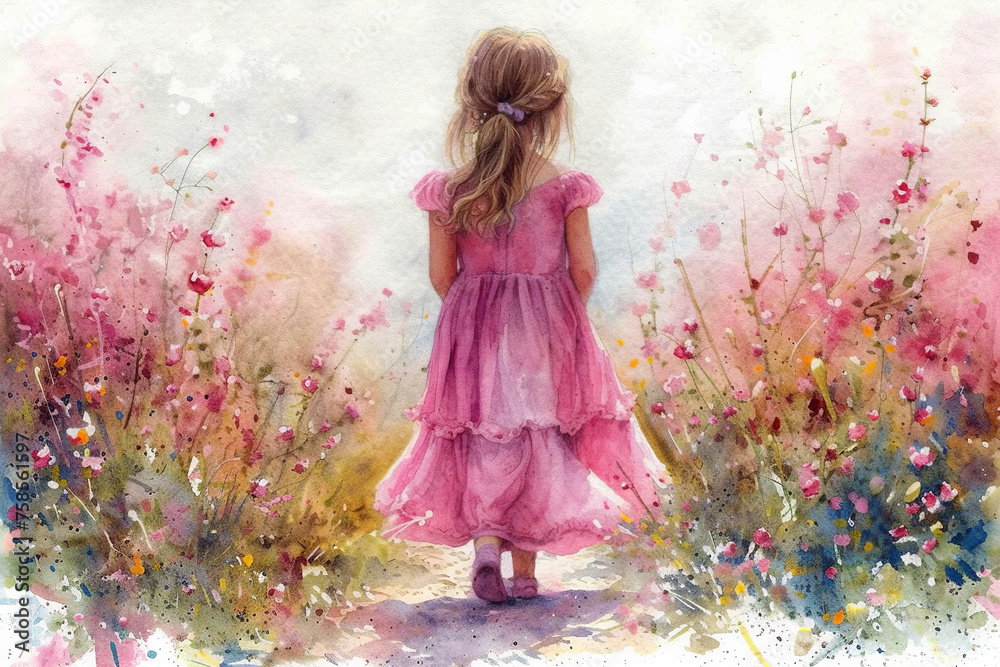 Fototapeta premium Cute little girl in pink dress in flowers meadow, watercolor illustration