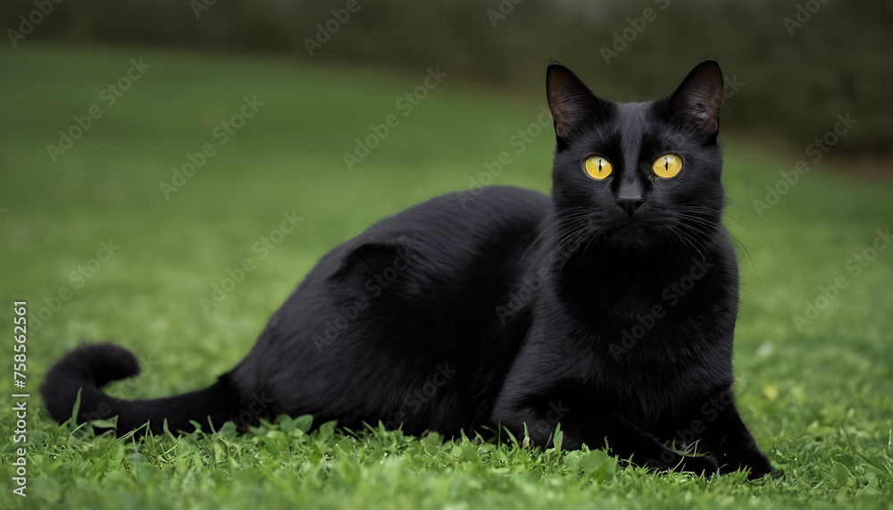 Beautiful black cat on grass.
