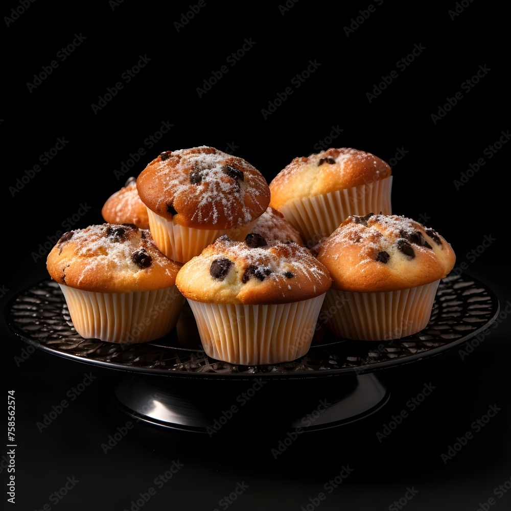Tempting Muffin Delights, Black Plate Presentation on Dark Background, Mouthwatering Muffin Moments: Dark Elegance on Black Plate Tempting Muffin Delights, Black Plate Presentation on Dark Background, Mouthwatering Muffin Moments: Dark Elegance on Black Plate