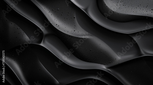 A black texture of a rippling wavy surface with fine details, raindrops. Backdrop, background.