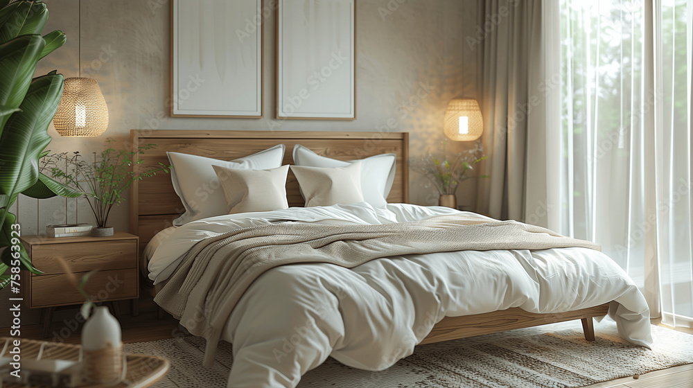 Fototapeta premium Cozy Bedroom Interior with Natural Light and Modern Decor