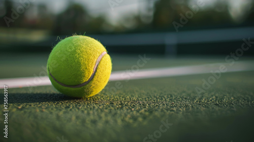 Close-up of a tennis ball on a tennis court with a net in the background. Sports concept. © Alina Tymofieieva